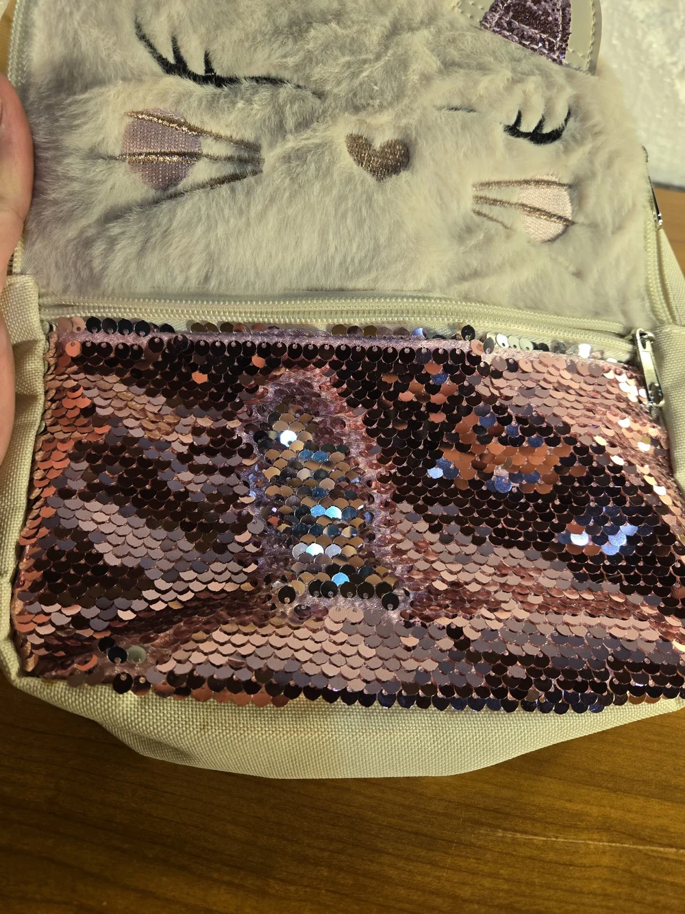 Pink Cat Childsize Backpack Furry Cat Face And Shiny Sequins
